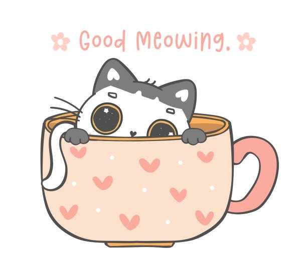 Cute cartoon cat in pink heart-patterned cup with Good Meowing text.