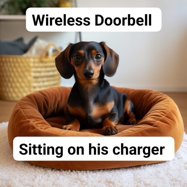 Cute black and tan dog in cozy bed with humorous Wi-Fi doorbell joke.