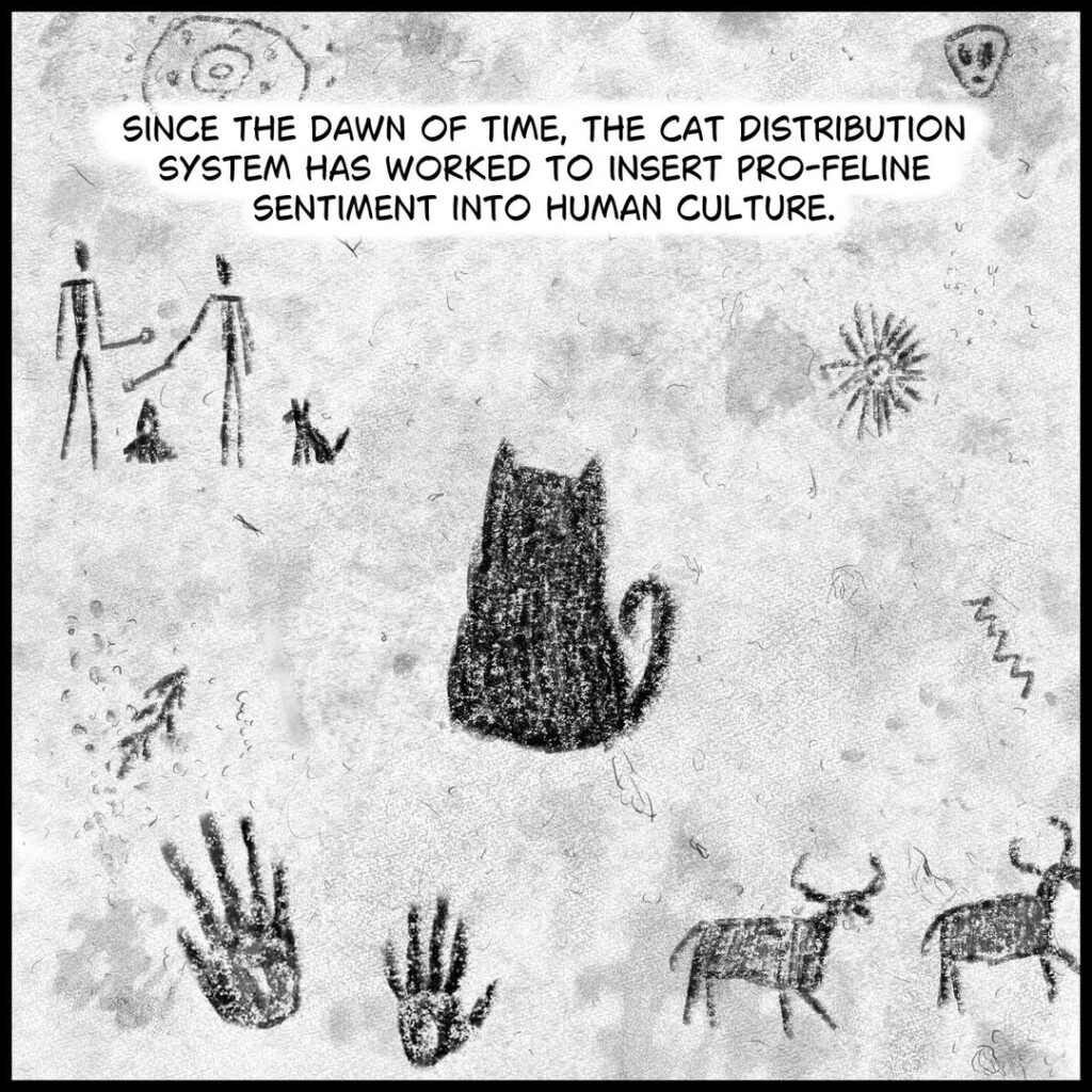 Humorous prehistoric cave art depicting cats role in early human culture and history.