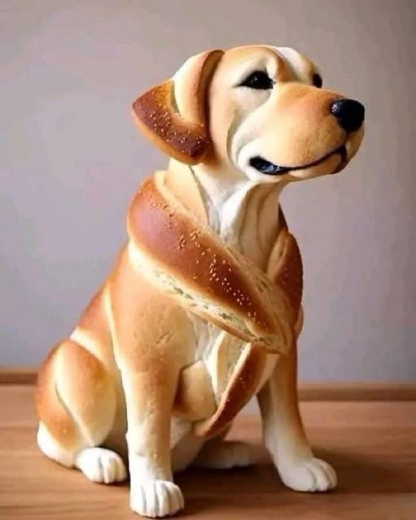 Lifelike bread sculpture of a golden retriever dog sitting with realistic details.