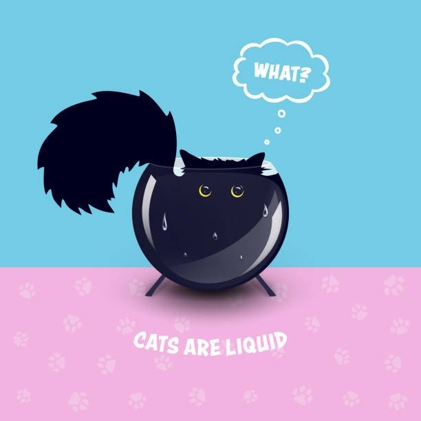 Funny cat illustration showing a cat as liquid in a fishbowl with playful background.
