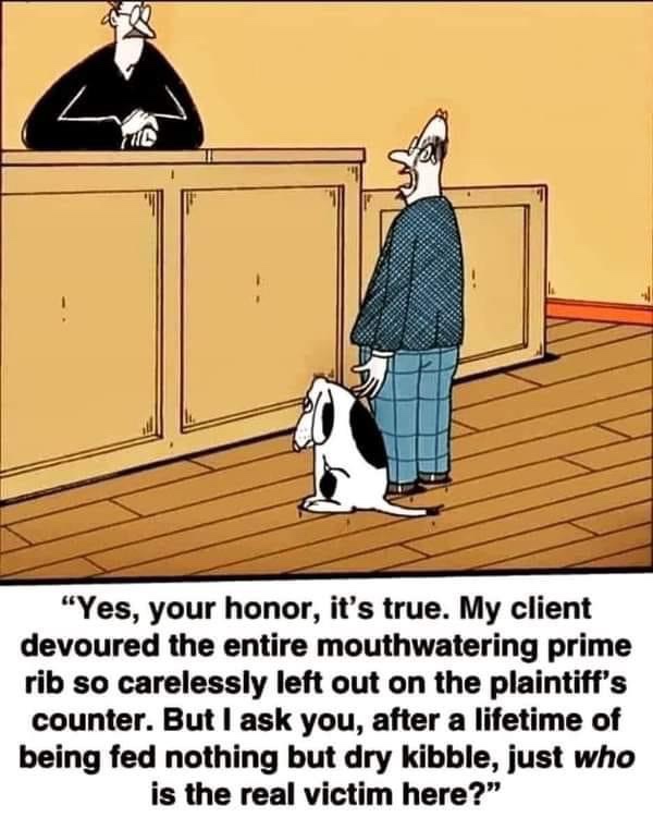 Humorous courtroom scene with a dog on trial for eating prime rib, comedic legal argument.
