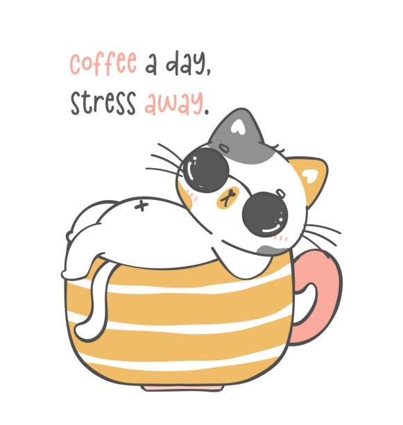 Cute cartoon cat relaxing in a striped coffee mug with sunglasses and the phrase coffee a day, stress away.