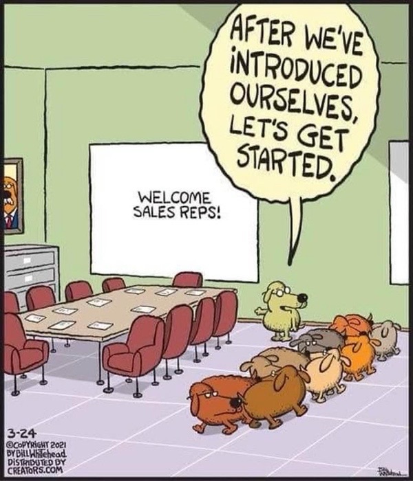 Humorous cartoon of dogs hosting a corporate sales meeting in a conference room.