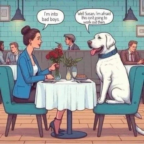 Humorous dog-date scene inside cozy restaurant with woman, dog, and playful conversation.