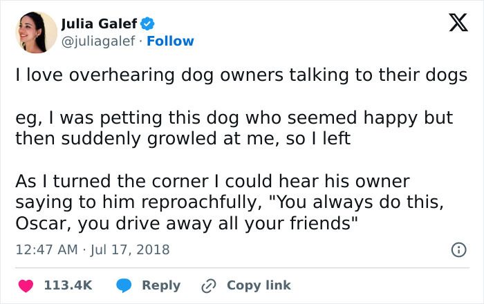 Humorous tweet about overhearing a dog owners playful remark to their pet Oscar.