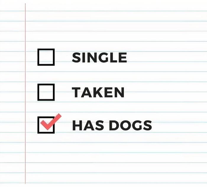Checklist showing Single, Taken, and Has Dogs with a red checkmark on dogs.