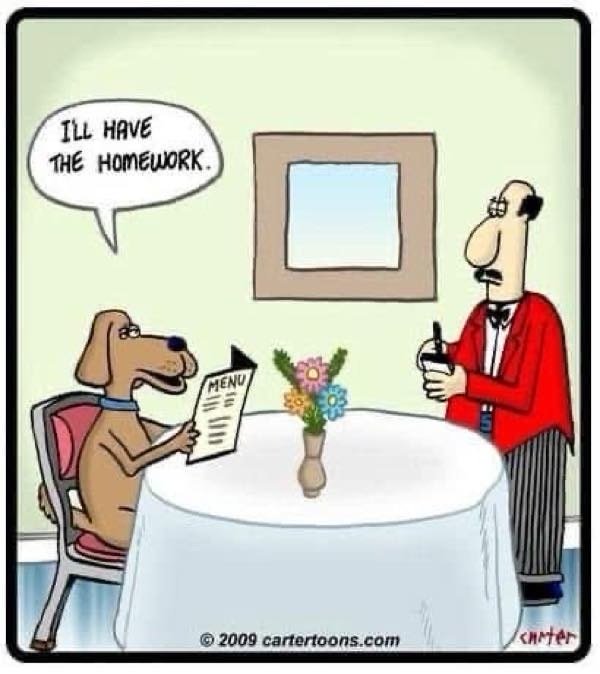 Humorous dog ordering homework at a restaurant from surprised waiter.