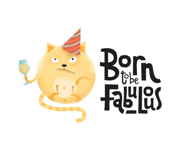 Grumpy orange cat with party hat, holding drink and plush toy, celebrating with Born to be Fabulous lettering.