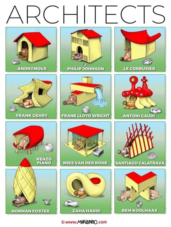Whimsical cartoon animals as famous architects with creative, stylized houses inspired by iconic architectural styles.
