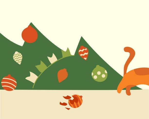 Playful orange cat explores festive holiday decorations and broken ornaments on green hills.