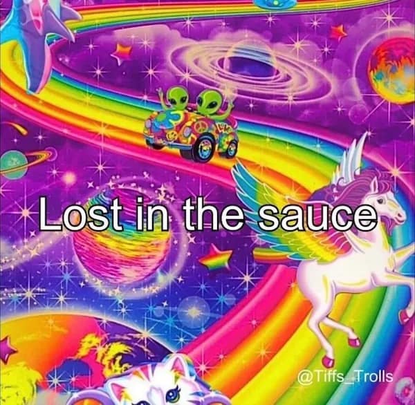 Colorful psychedelic scene with aliens, rainbow road, unicorn, and cosmic space elements.