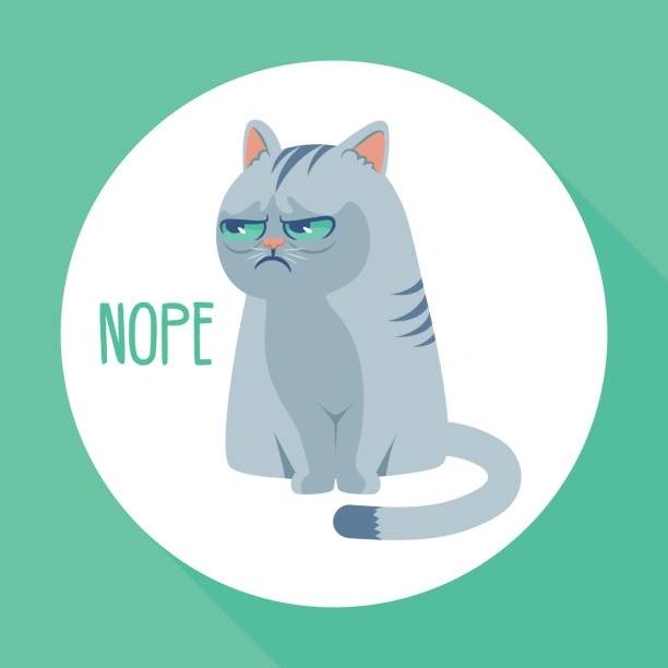 Grumpy gray cartoon cat with greenish-blue eyes and NOPE text illustration.