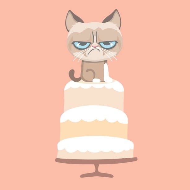 Grumpy cat sitting atop a multi-tiered birthday cake with a humorous, playful expression.