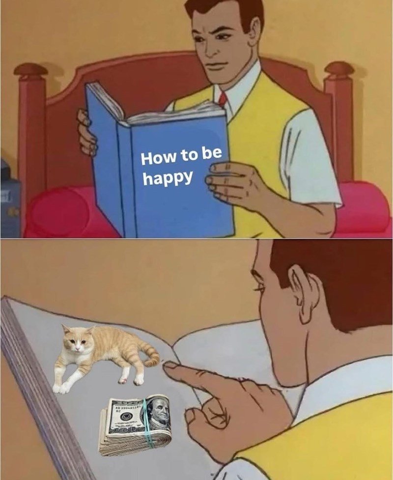 Humorous image of man reading How to Be Happy book featuring a cat, money, and simple joys.