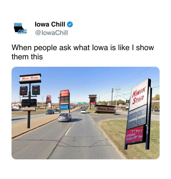Suburban Iowa street scene with Kwik Star signs and local convenience stores.