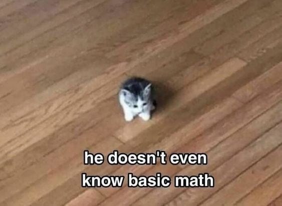 Cute white and gray kitten sitting on wooden floor with humorous caption about math skills.