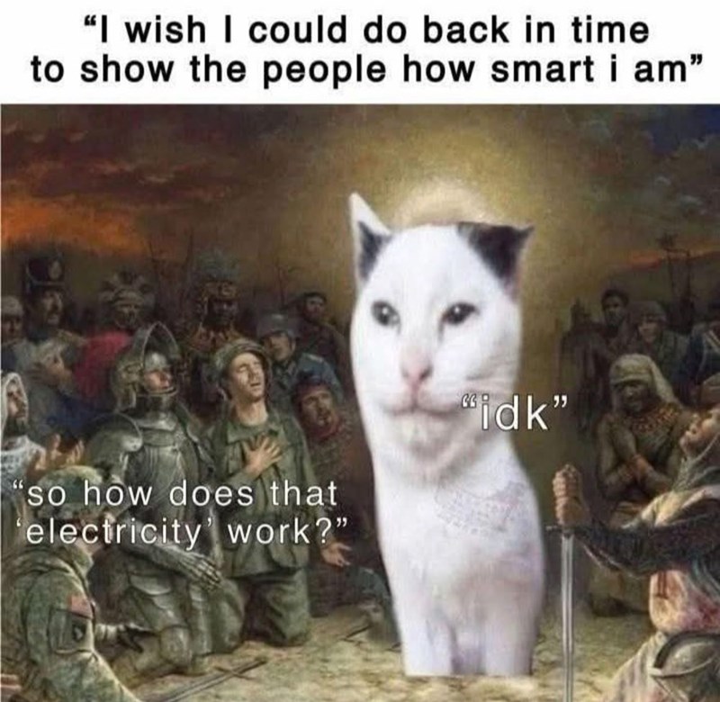 Medieval cat humorously explaining electricity to confused historical figures in a funny meme.