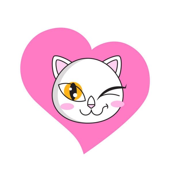 Cute cartoon cat face in a pink heart, with playful expression and adorable features.