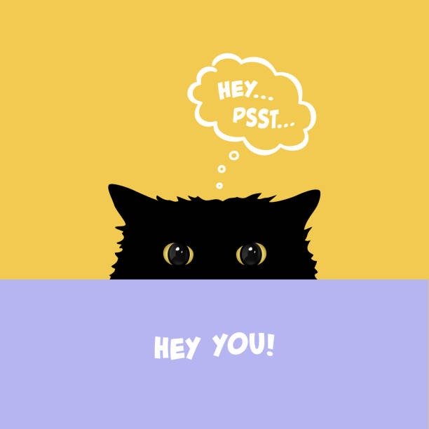 Playful black cat peeking with Hey... Psst speech bubble, bright yellow background, fun cartoon style.