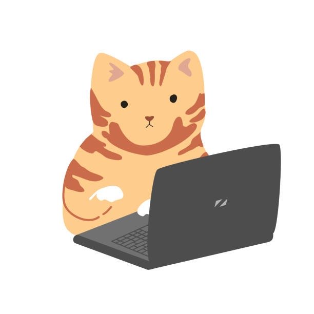 Cute orange tabby cat using a laptop, playful and curious pet with technology.