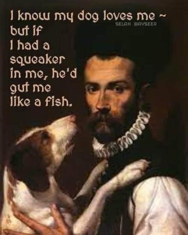 Humorous regal dog portrait with vintage style and witty quote about pet loyalty.