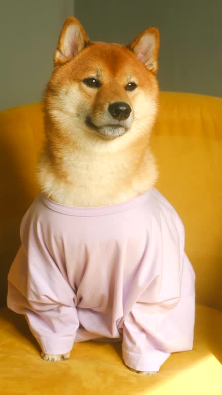 Adorable Shiba Inu in purple oversized shirt sitting on a bright yellow couch.