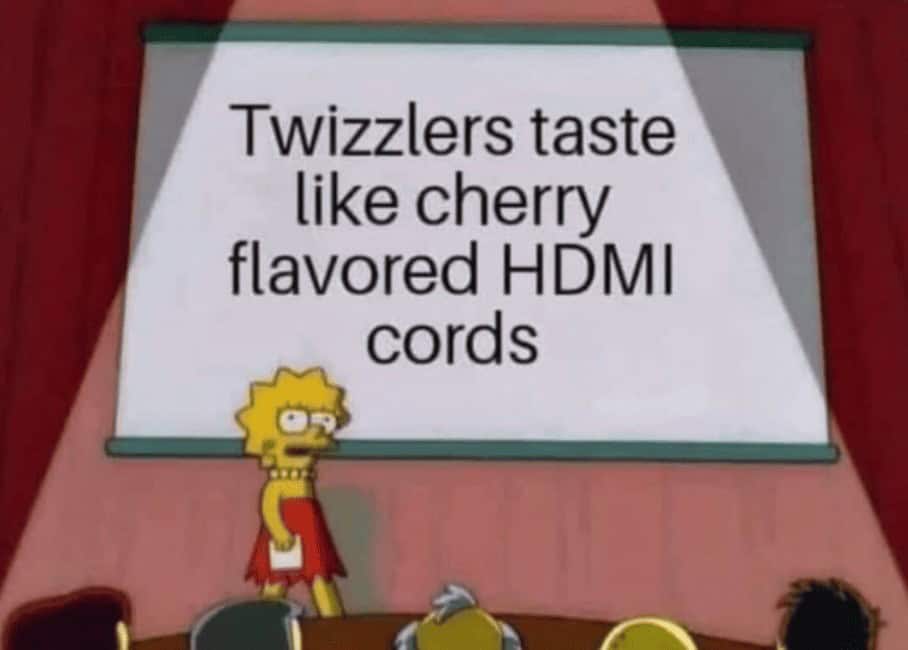 Lisa Simpson presents humorous thesis on cherry Twizzlers tasting like HDMI cords.