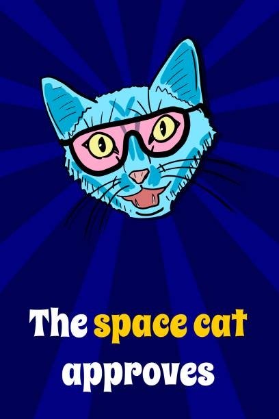 Whimsical blue space cat with pink glasses and bold approves text.