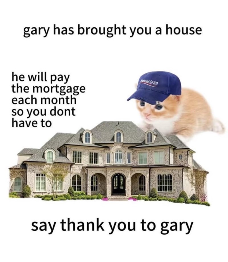 Cute kitten wearing a cap presents a whimsical gift of a luxurious house and mortgage assistance.