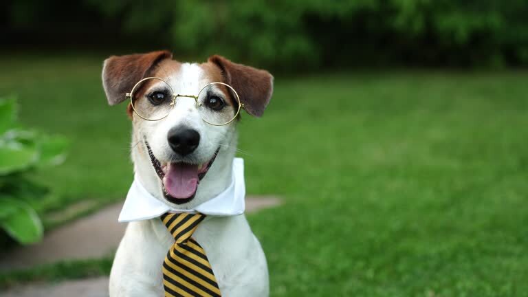 Cute dog with glasses and tie sitting on grass in outdoor garden.