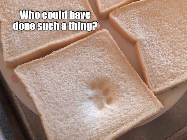 Humorous bread slice with thumbprint indent and caption asking who did it.