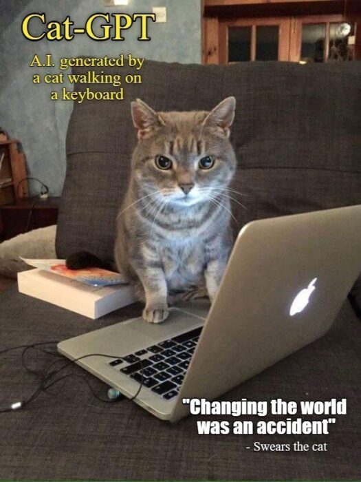 Cute gray tabby cat using a laptop with humorous Cat-GPT caption and playful speech bubble.