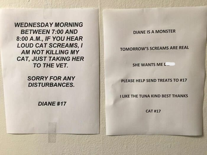 Funny cat vet visit notice warns neighbors of loud cat screams and requests treats.