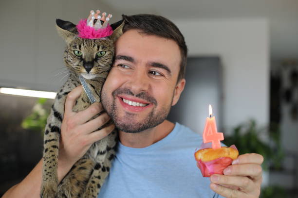 Happy birthday celebration with a man, cat, cupcake, and candle in a modern kitchen.