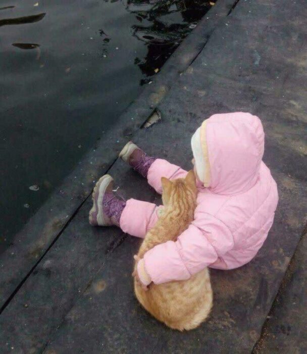 Cute child and ginger cat sitting by water reflecting peaceful outdoor moments.