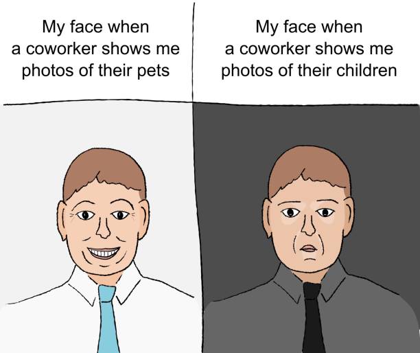 Funny cartoon showing different reactions to coworker pet photos versus kids photos.