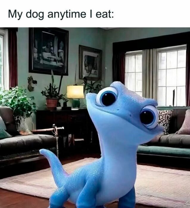 Cute blue cartoon dinosaur watching during mealtime in cozy living room.