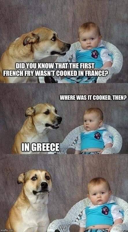 Cute baby and dog share a funny French fries origin joke in a comic strip.