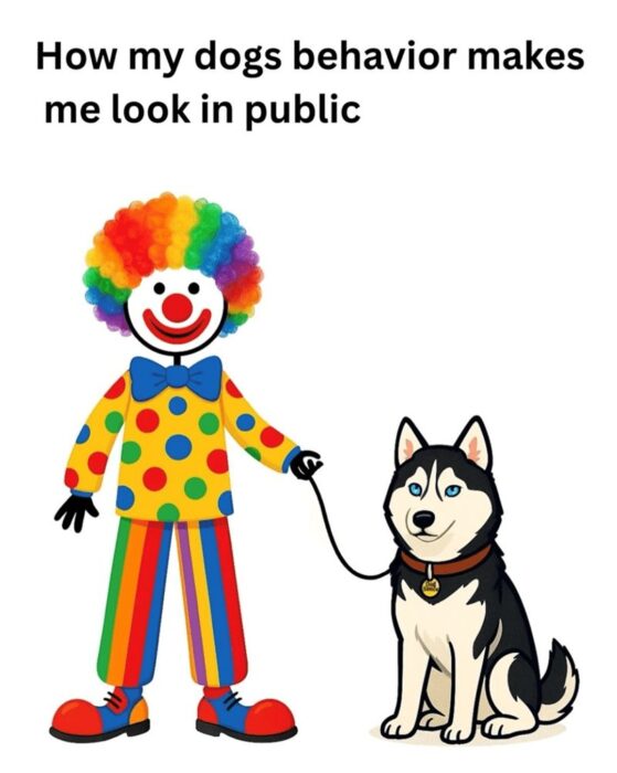 Humorous illustration of a clown with a spirited dog highlighting public pet behavior challenges.