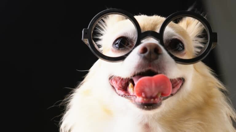 Cute Chihuahua with oversized glasses, playful expression, and bright, curious eyes.