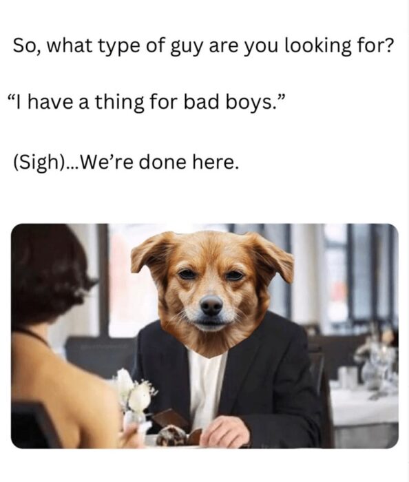 Humorous dog-headed man on a fancy date discusses bad boys with a woman.