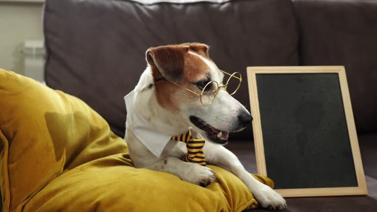 Adorable Jack Russell Terrier in glasses and bow tie on a cozy cushion with chalkboard.