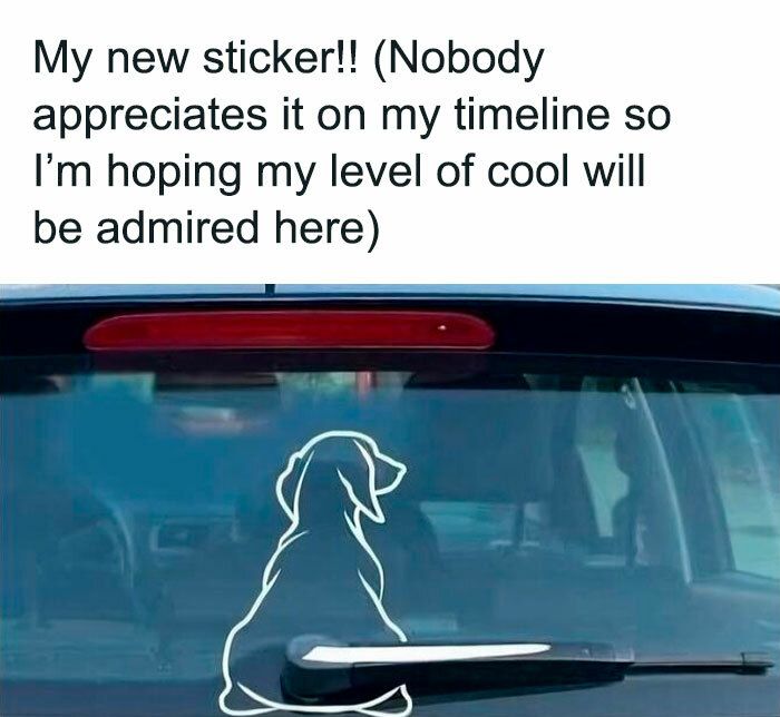 Dog silhouette car sticker on rear window, playful pet lover vehicle accessory.