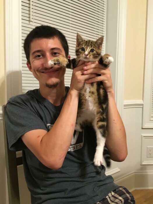 Happy man holding playful tabby kitten indoors, enjoying joyful pet companionship and cozy home moment.