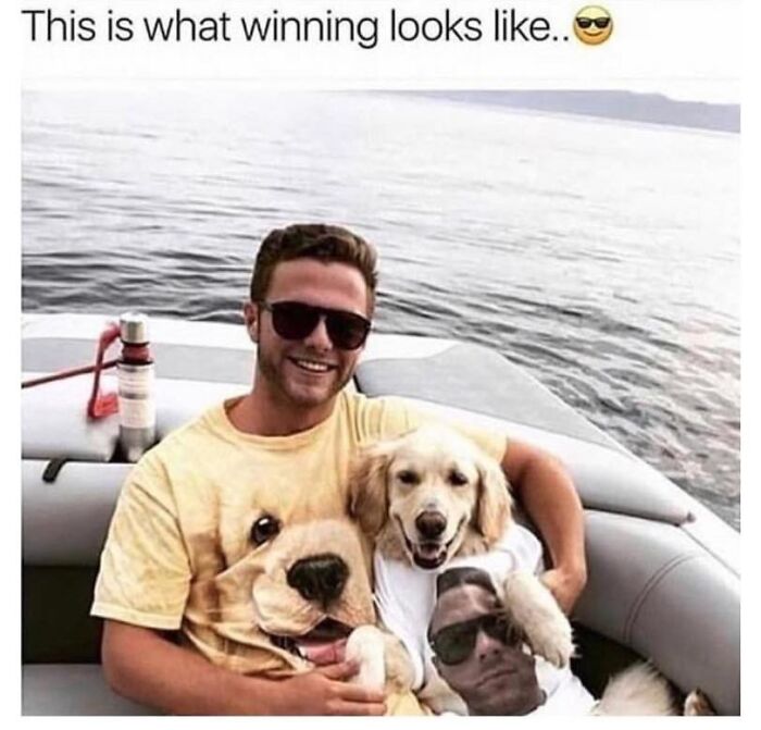 Jovial man with dogs on boat wearing matching shirts and sunglasses enjoying summer water adventure.