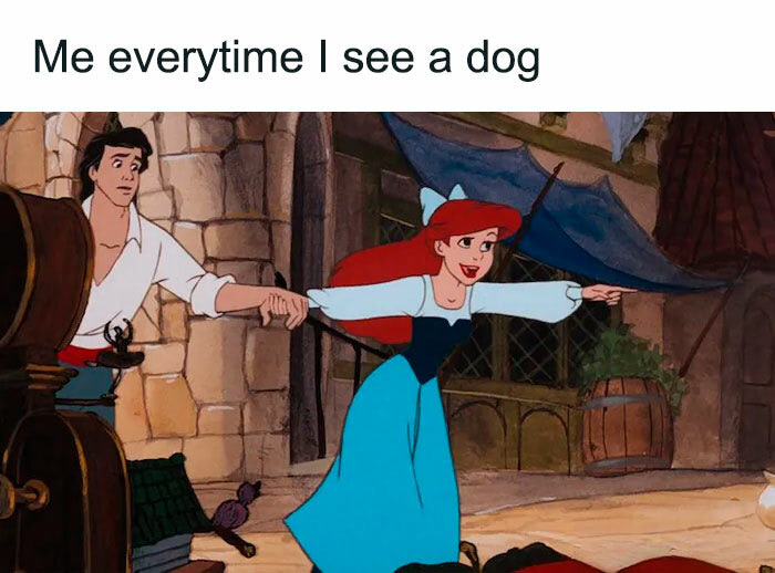 Animated scene of excited characters from a classic film reacting to a dog.