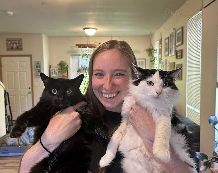 Happy woman holding black and white cats in cozy, beautiful living room with plants.