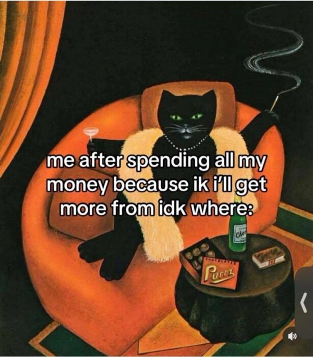 Funny cat relaxing with a cocktail, luxury vibe, black fur, green eyes, stylish chair.