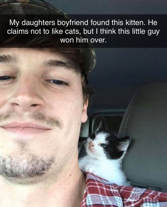 Young man taking selfie with adorable kitten in car, showcasing unexpected bond and pet affection.